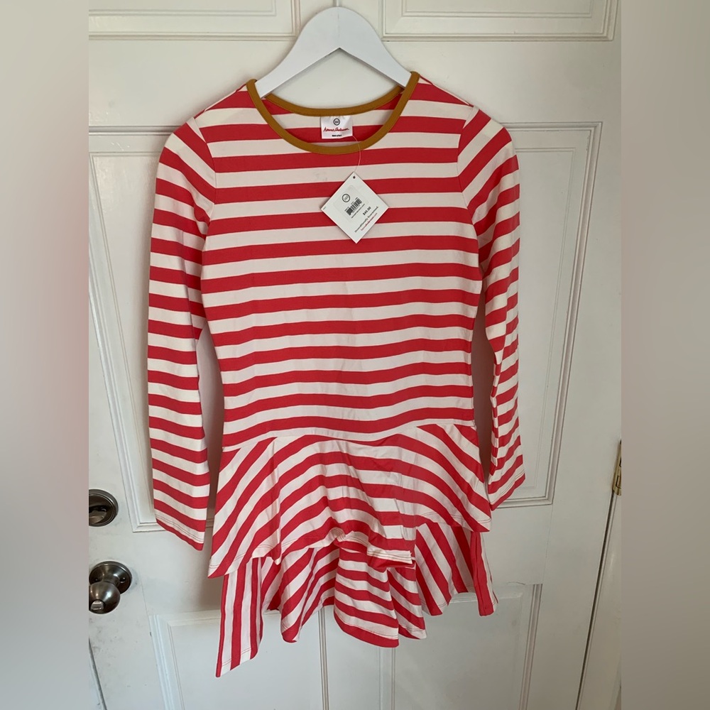NWT Hanna Andersson Coral Striped Cotton Long Sleeve Ruffle Dress 160 14-16